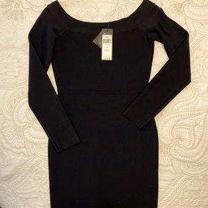 NWT BCBG fitted black off-shoulder long sleeve cocktail dress in sz S.